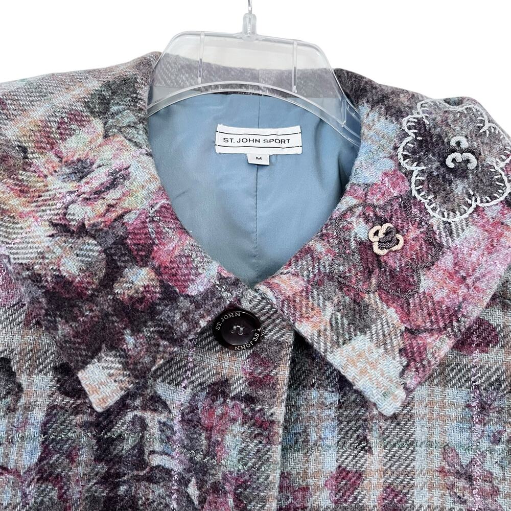 St. John Sport Plaid Wool Blend Floral Embroidered Collared Jacket Size Medium - Picture 4 of 15
